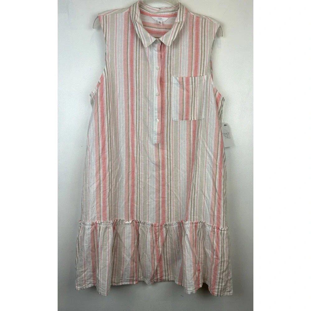 Shirt Dress XXL Sleeveless Mini 2XL Pink Stripe Linen Blend Casual Office New
